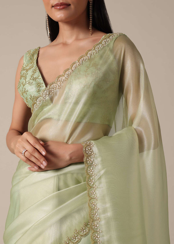 Graceful Green Saree With Scalloped Border