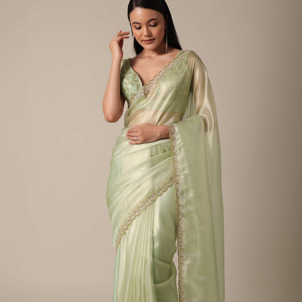Graceful Green Saree With Scalloped Border