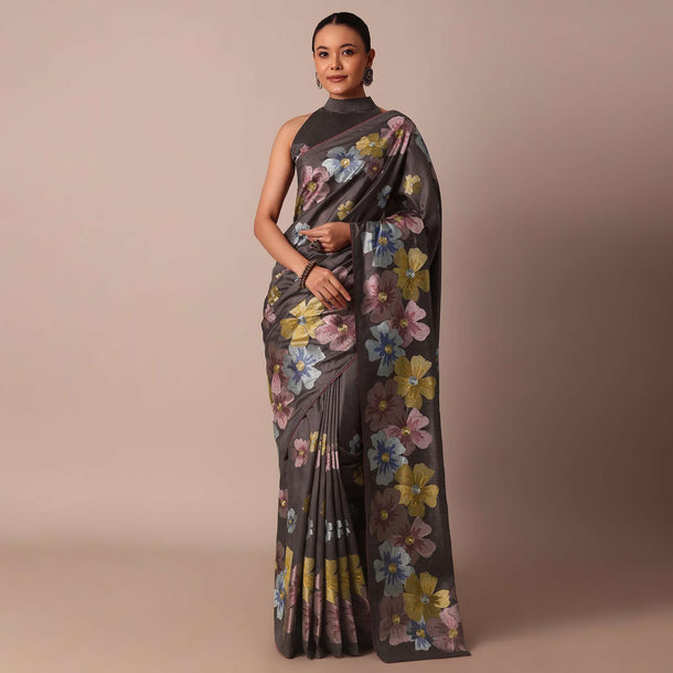 Graceful Grey Saree With Exquisite Thread Resham Work