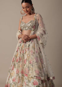 Graceful White Floral Print Lehenga Choli Set