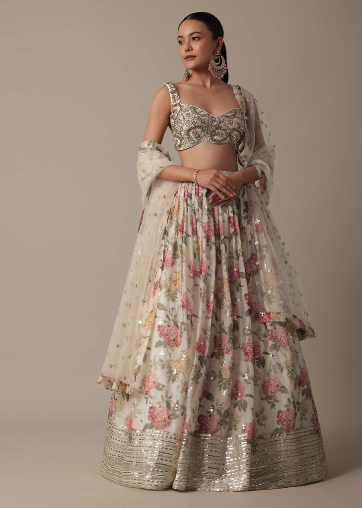 Graceful White Floral Print Lehenga Choli Set