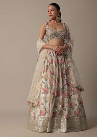 Graceful White Floral Print Lehenga Choli Set