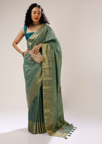 Granite Green Saree In Silk Blend With Multi Colored Bud Hand Embroidered Floral Buttis And Floral Brocade Border Online - Kalki Fashion