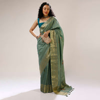 Granite Green Saree In Silk Blend With Multi Colored Bud Hand Embroidered Floral Buttis And Floral Brocade Border Online - Kalki Fashion
