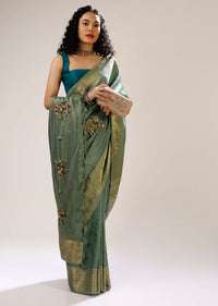 Granite Green Saree In Silk Blend With Multi Colored Bud Hand Embroidered Floral Buttis And Floral Brocade Border Online - Kalki Fashion