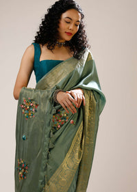 Granite Green Saree In Silk Blend With Multi Colored Bud Hand Embroidered Floral Buttis And Floral Brocade Border Online - Kalki Fashion