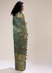 Granite Green Saree In Silk Blend With Multi Colored Bud Hand Embroidered Floral Buttis And Floral Brocade Border Online - Kalki Fashion