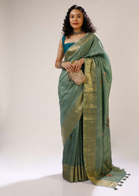 Granite Green Saree In Silk Blend With Multi Colored Bud Hand Embroidered Floral Buttis And Floral Brocade Border Online - Kalki Fashion