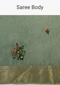 Granite Green Saree In Silk Blend With Multi Colored Bud Hand Embroidered Floral Buttis And Floral Brocade Border Online - Kalki Fashion
