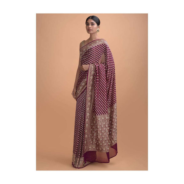 Grape Purple Saree In Georgette With Embroidery And Weaved Pattern Online - Kalki Online