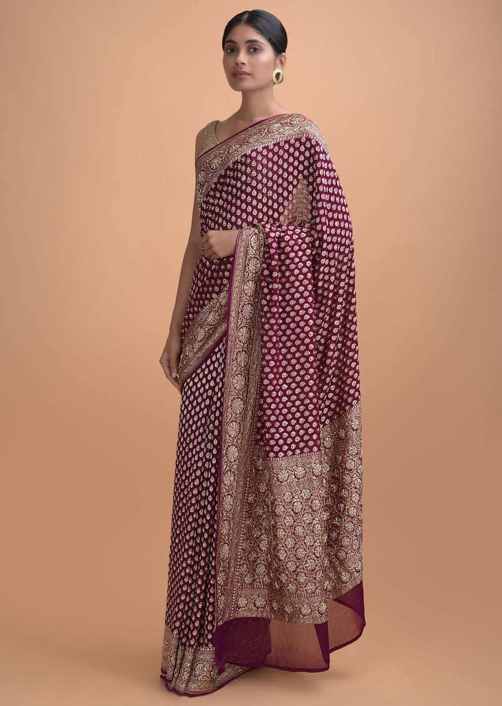 Grape Purple Saree In Georgette With Embroidery And Weaved Pattern Online - Kalki Online