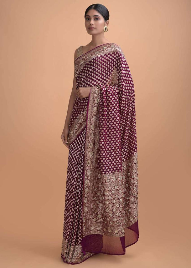 Grape Purple Saree In Georgette With Embroidery And Weaved Pattern Online - Kalki Online