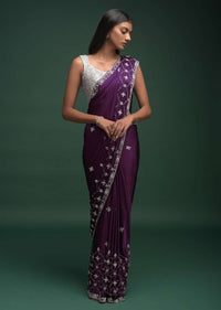 Grape Purple Saree In Chinon With Stone And Cut Dana Embellished Moroccan Pattern Online - Kalki Fashion