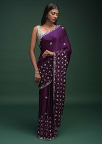 Grape Purple Saree In Chinon With Stone And Cut Dana Embellished Moroccan Pattern Online - Kalki Fashion