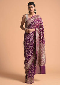 Grape Purple Saree In Georgette With Brocade Floral Jaal And Cut Dana Highlights Online - Kalki Fashion