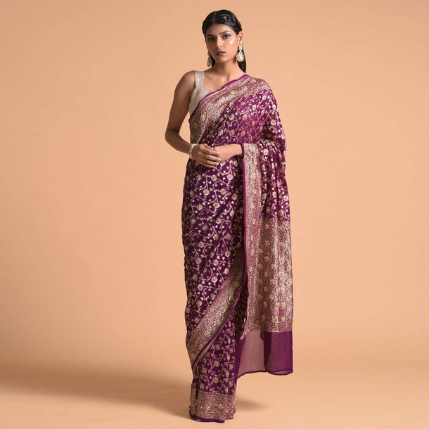 Grape Purple Saree In Georgette With Brocade Floral Jaal And Cut Dana Highlights Online - Kalki Fashion