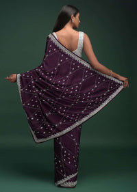 Grape Purple Saree In Satin Blend With Zardozi And Stone Work In Checks And Leaf Motifs Online - Kalki Fashion