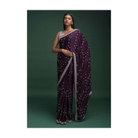 Grape Purple Saree In Satin Blend With Zardozi And Stone Work In Checks And Leaf Motifs Online - Kalki Fashion