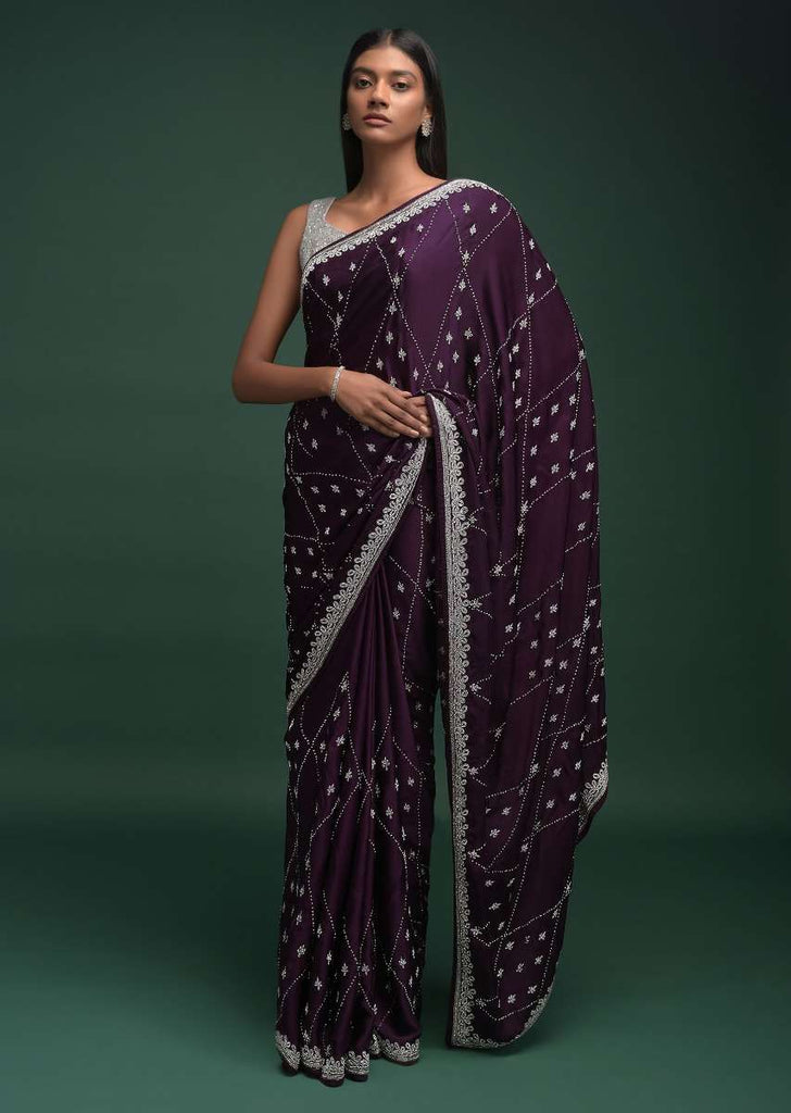 Grape Purple Saree In Satin Blend With Zardozi And Stone Work In Checks And Leaf Motifs Online - Kalki Fashion