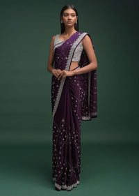 Grape Purple Saree In Satin Blend With Zardozi And Stone Work In Checks And Leaf Motifs Online - Kalki Fashion