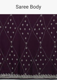 Grape Purple Saree In Satin Blend With Zardozi And Stone Work In Checks And Leaf Motifs Online - Kalki Fashion