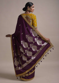 Grape Purple Saree In Silk With Weaved Floral Buttis And Gotta Embroidered Border Online - Kalki Fashion