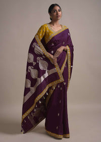 Grape Purple Saree In Silk With Weaved Floral Buttis And Gotta Embroidered Border Online - Kalki Fashion