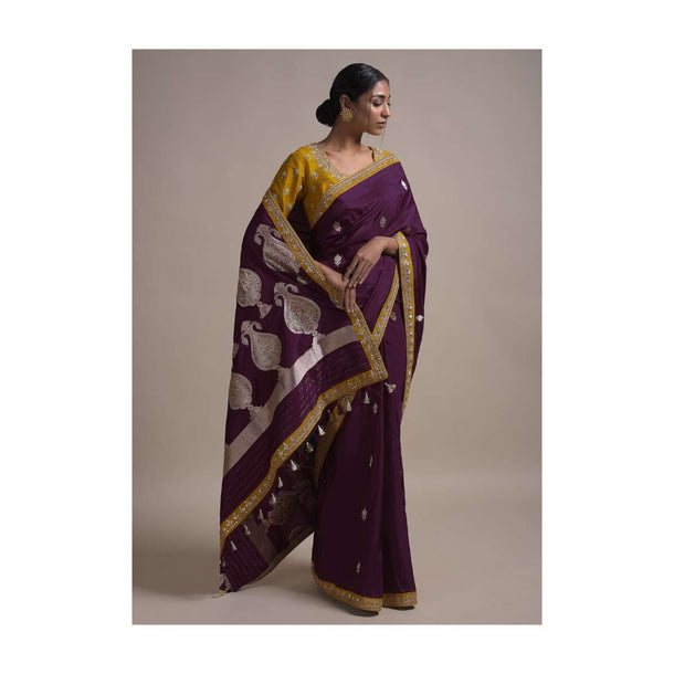 Grape Purple Saree In Silk With Weaved Floral Buttis And Gotta Embroidered Border Online - Kalki Fashion