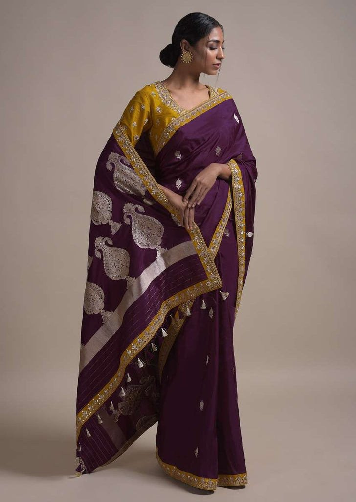 Grape Purple Saree In Silk With Weaved Floral Buttis And Gotta Embroidered Border Online - Kalki Fashion