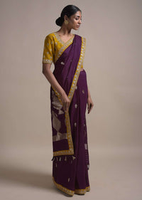 Grape Purple Saree In Silk With Weaved Floral Buttis And Gotta Embroidered Border Online - Kalki Fashion