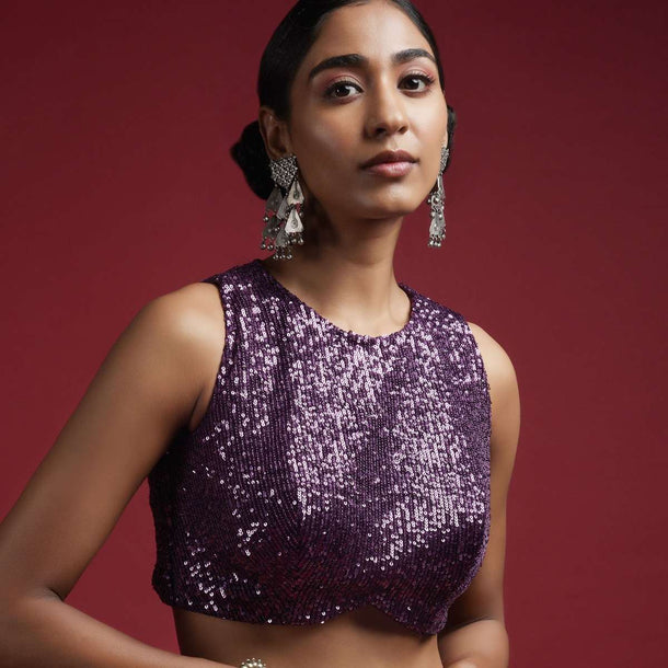 Grape Purple Sleeveless Blouse Embellished In Sequins With Curved Hemline And Back Zip Closure Online - Kalki Fashion
