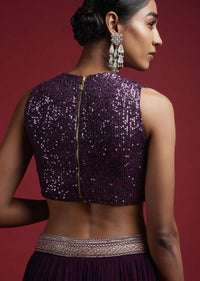 Grape Purple Sleeveless Blouse Embellished In Sequins With Curved Hemline And Back Zip Closure Online - Kalki Fashion