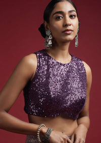 Grape Purple Sleeveless Blouse Embellished In Sequins With Curved Hemline And Back Zip Closure Online - Kalki Fashion