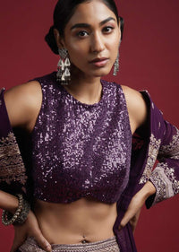 Grape Purple Sleeveless Blouse Embellished In Sequins With Curved Hemline And Back Zip Closure Online - Kalki Fashion