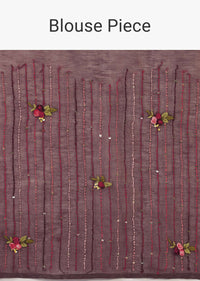 Grape Shake Saree In Tussar Silk With Multicolored Bud Hand Embroidered Roses And Running Stich Design