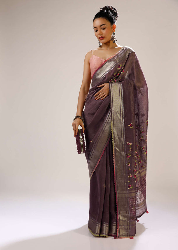 Grape Shake Saree In Tussar Silk With Multicolored Bud Hand Embroidered Roses And Running Stich Design