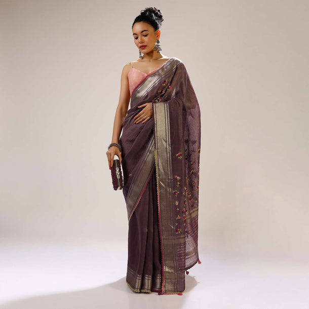 Grape Shake Saree In Tussar Silk With Multicolored Bud Hand Embroidered Roses And Running Stich Design