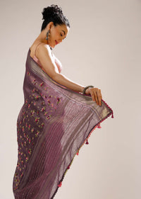 Grape Shake Saree In Tussar Silk With Multicolored Bud Hand Embroidered Roses And Running Stich Design