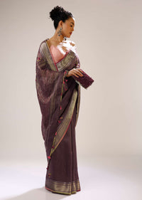 Grape Shake Saree In Tussar Silk With Multicolored Bud Hand Embroidered Roses And Running Stich Design