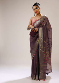 Grape Shake Saree In Tussar Silk With Multicolored Bud Hand Embroidered Roses And Running Stich Design