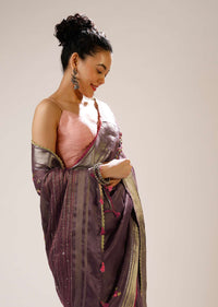 Grape Shake Saree In Tussar Silk With Multicolored Bud Hand Embroidered Roses And Running Stich Design