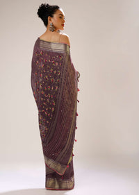 Grape Shake Saree In Tussar Silk With Multicolored Bud Hand Embroidered Roses And Running Stich Design