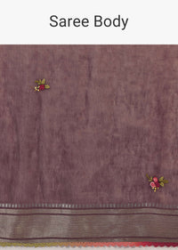 Grape Shake Saree In Tussar Silk With Multicolored Bud Hand Embroidered Roses And Running Stich Design