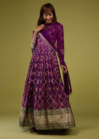 Grape Purple Silk Anarkali Suit With Banarasi Zari Border