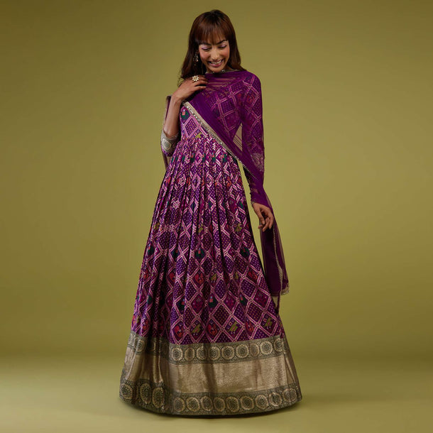 Grape Purple Silk Anarkali Suit With Banarasi Zari Border