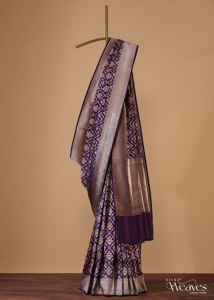 Grape Purple Saree In Uppada Silk With Meenakari Butta Jaal Weave And Unstitched Blouse