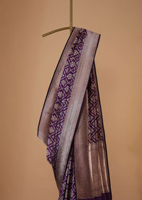 Grape Purple Saree In Uppada Silk With Meenakari Butta Jaal Weave And Unstitched Blouse