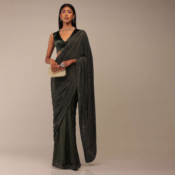 Grape Leaf Saree In Stone Embellishment, Crafted In Satin With Scattered Stones In Geometric Design