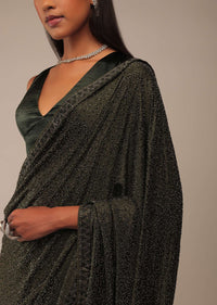 Grape Leaf Saree In Stone Embellishment, Crafted In Satin With Scattered Stones In Geometric Design