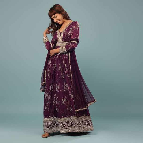 Grape Purple Embroidered Anarkali Suit With Floral Print In Georgette